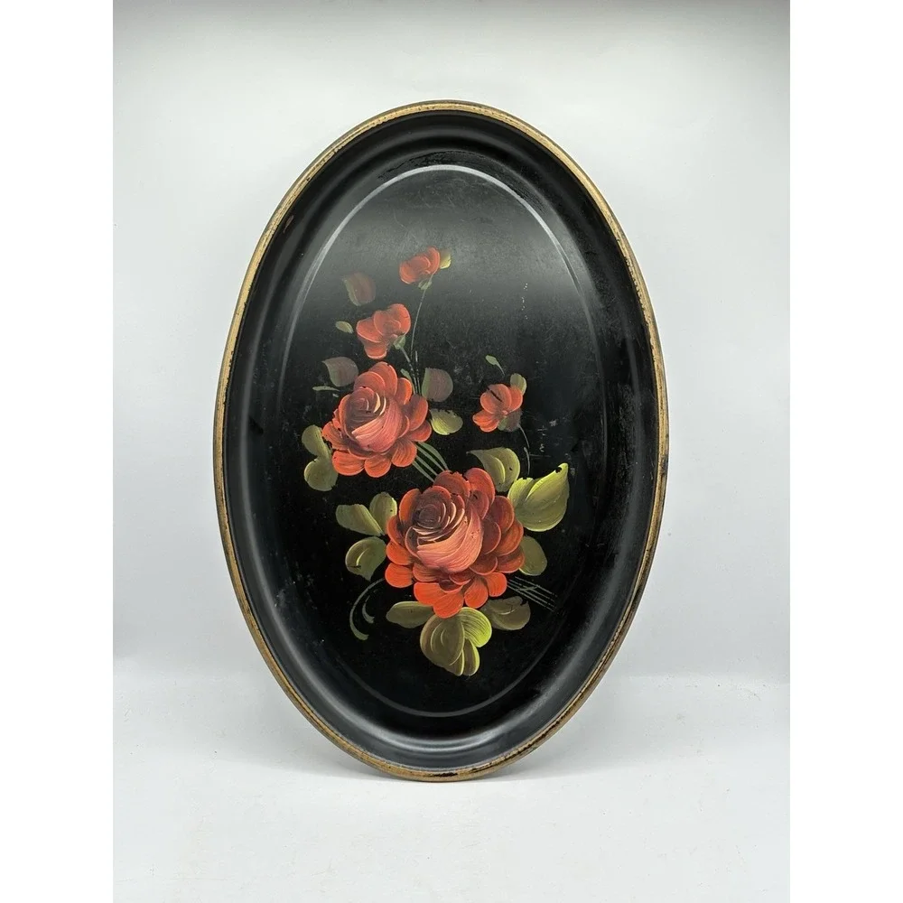 Vintage Mid Century Hand Painted Tole Metal Tray Rose Floral 16" Philadelphia - Picture 1 of 9